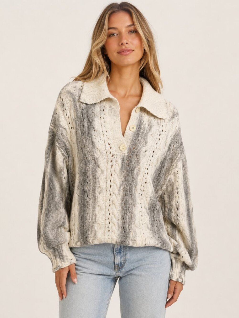 POL Cream Gray Cable Knit Collared Button Sweater Small Oversized